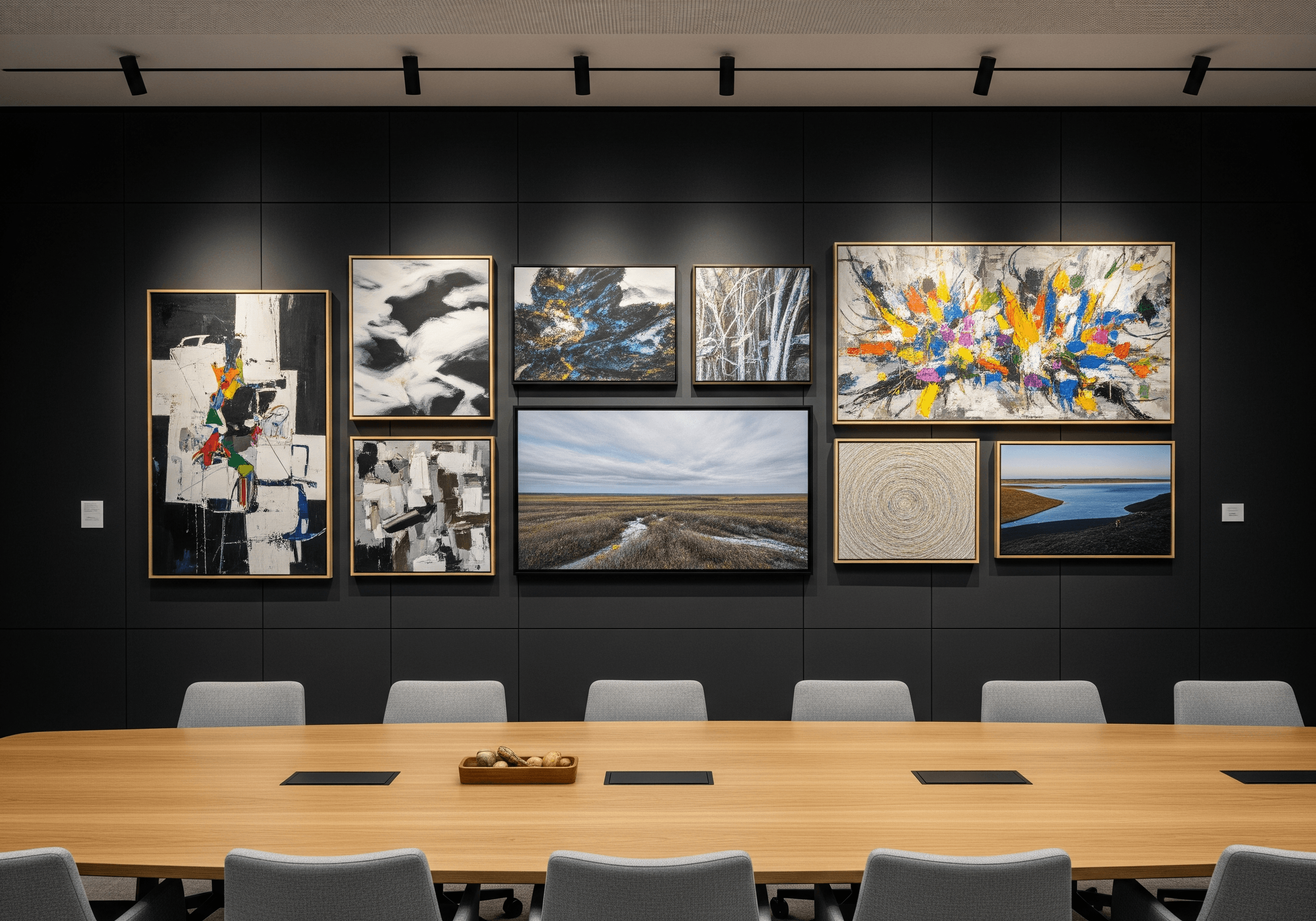 Gallerivägg med konst i modern kontorsmiljö