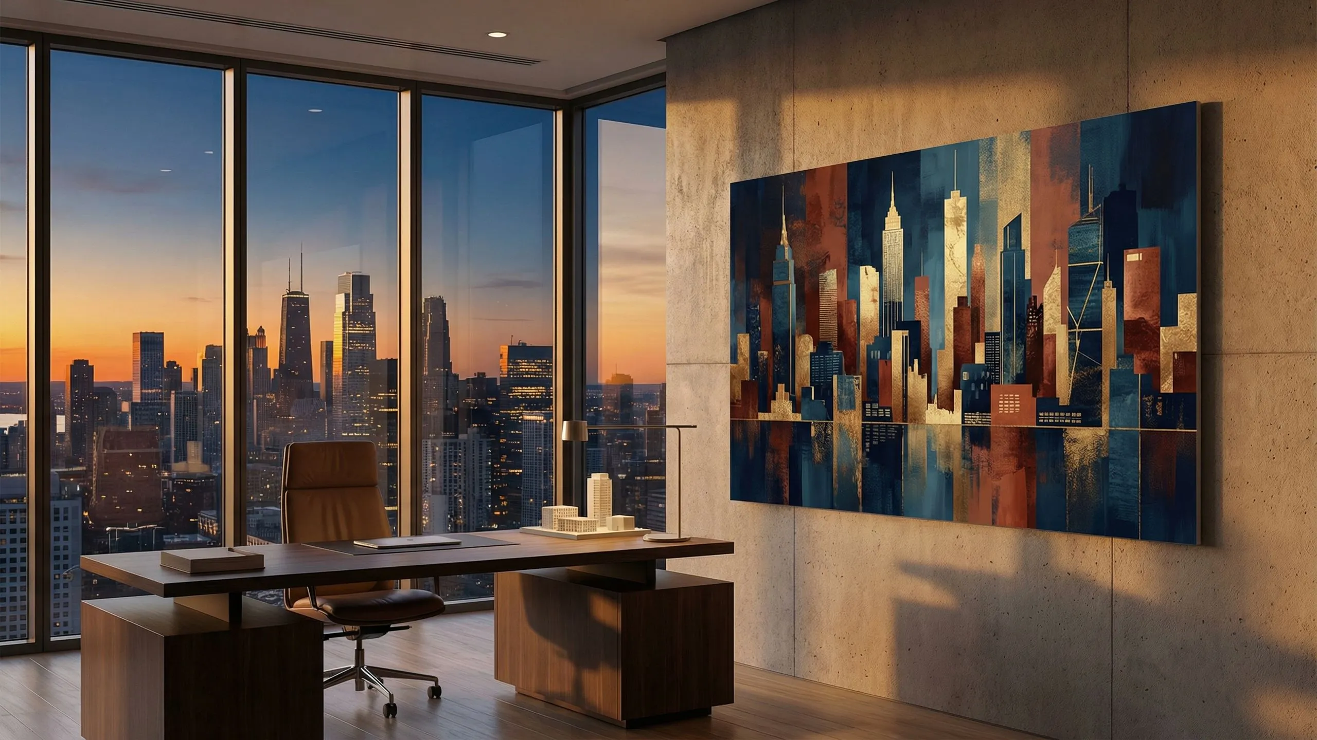 Konstboard med stadskonst i premium hörnkontor