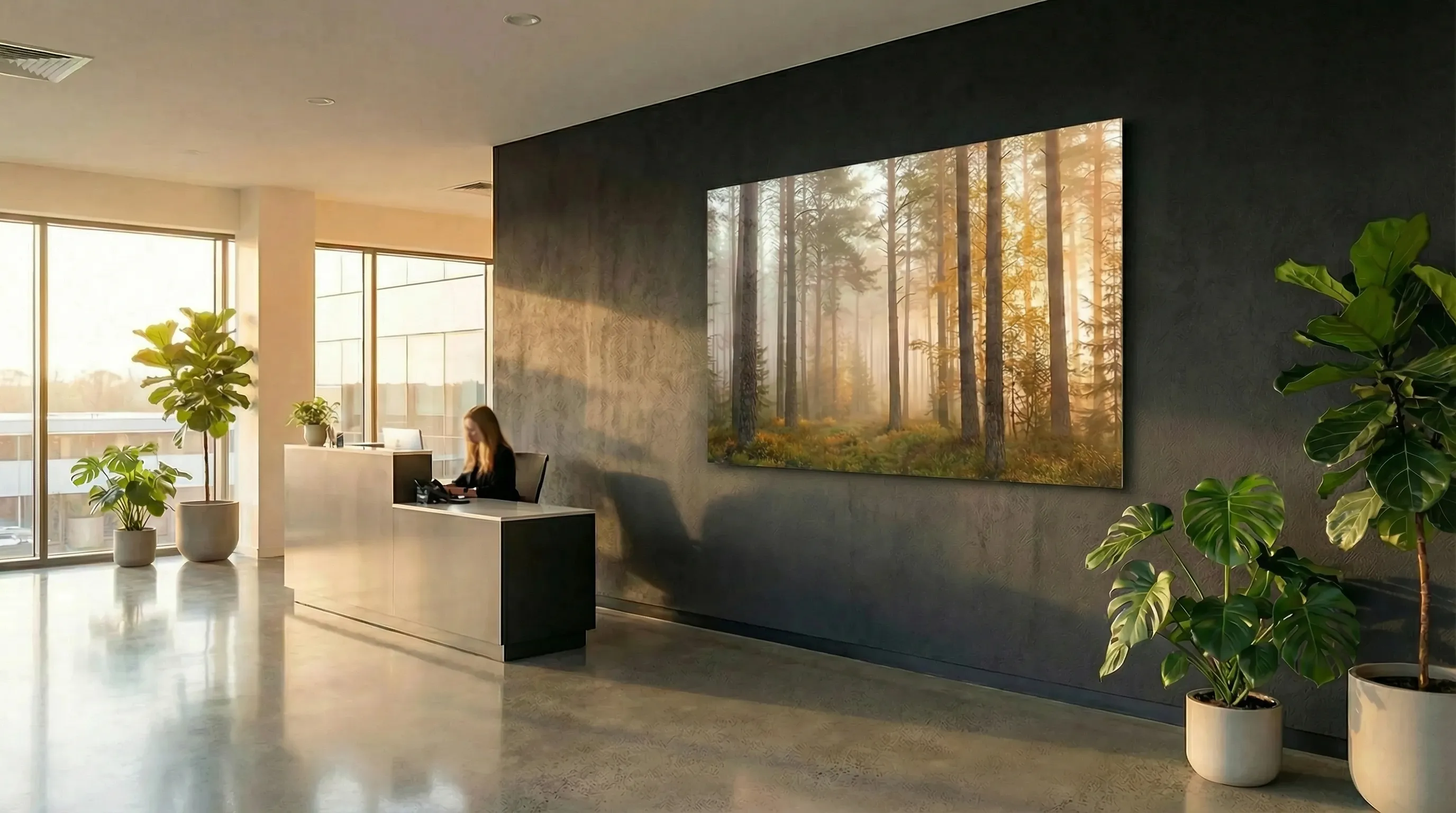 Konstboard med skogslandskap i modern kontorslobby