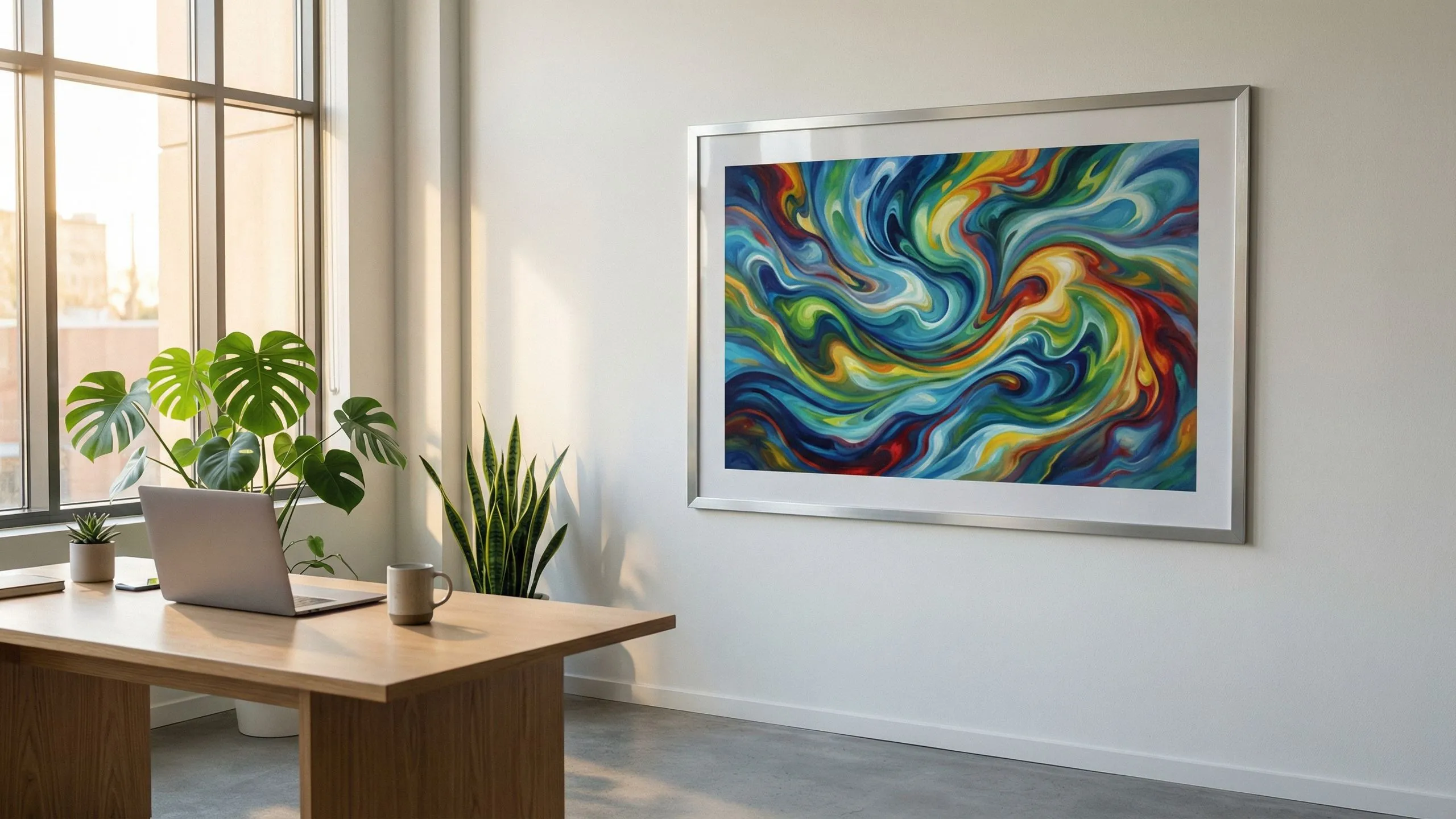 AI-genererad konst på boards i modernt Skandinaviskt kontor