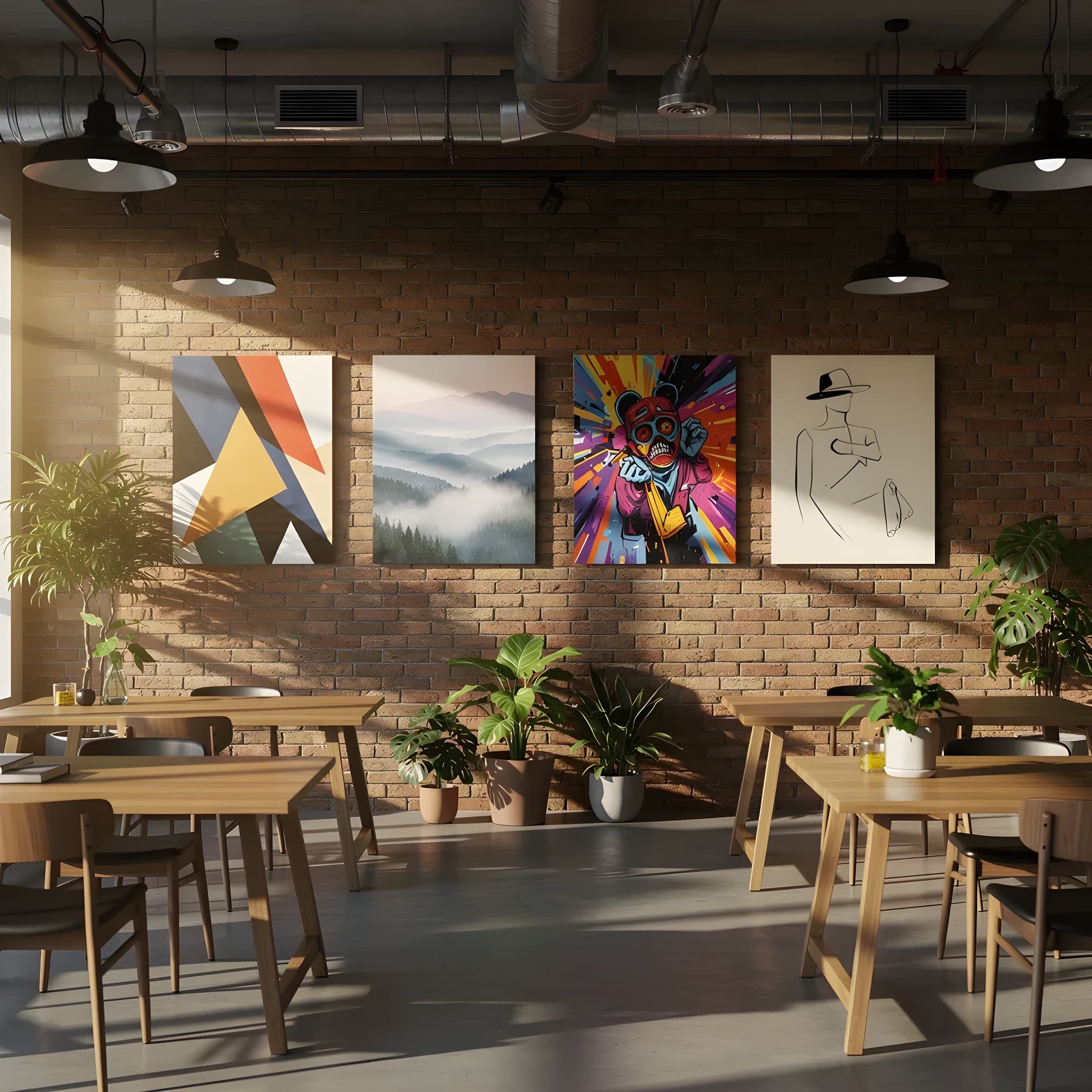 Coworking-lokal med fyra unika konstboards på tegelvägg