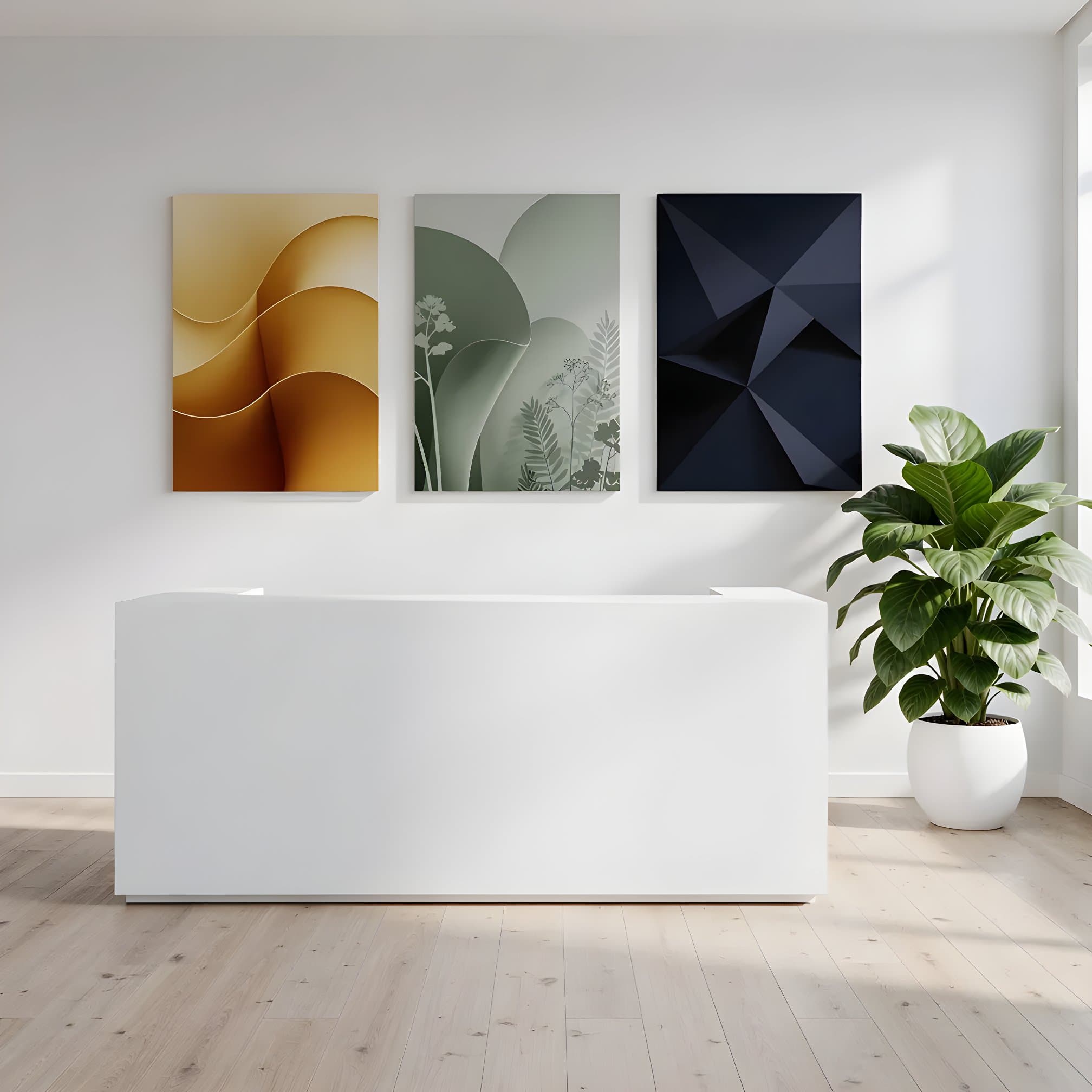 Tre konstboards i modern kontorsreception