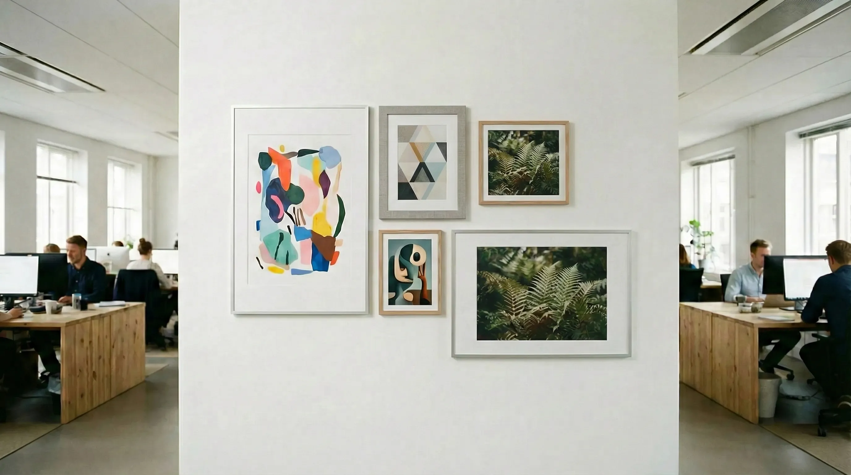 Gallerivägg med boards i olika storlekar i öppet kontorslandskap