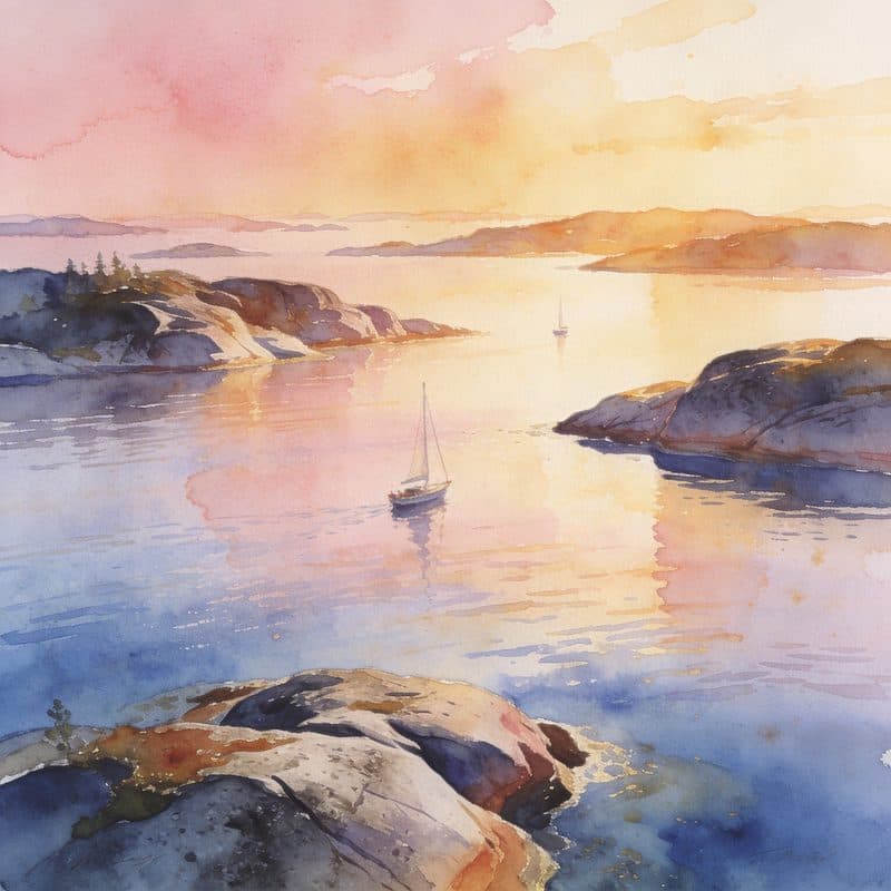 Skärgård i solnedgång